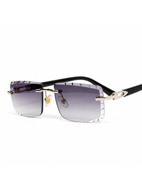 Silver Frame Purple Tint Rimless Gem Cut  Black Composite Temple Sunglasses